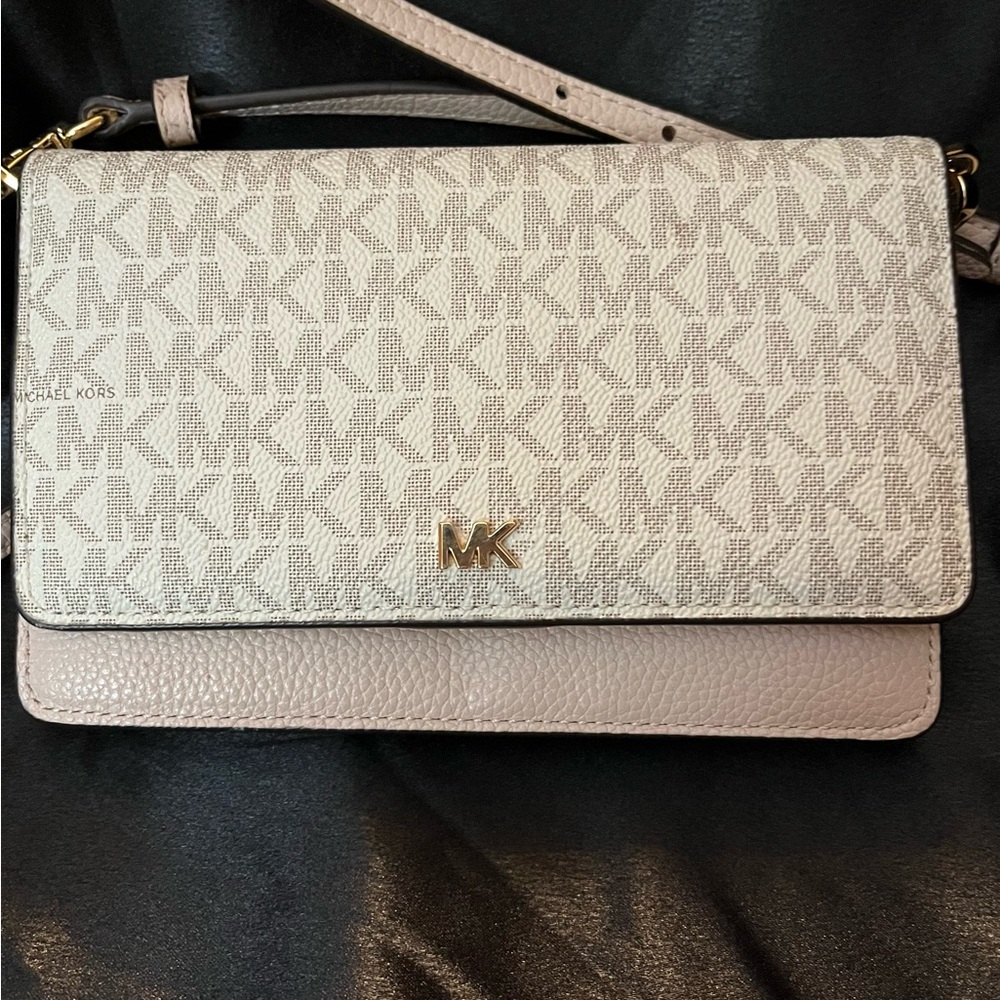 Michael Kors Cream and Tan Crossbody Bag with Monogram Pattern